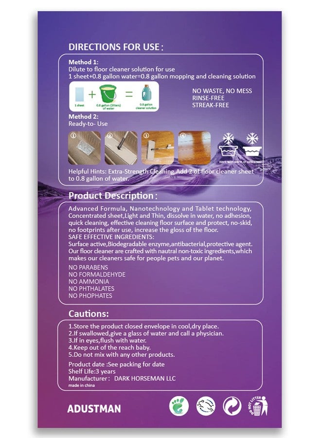 ADUSTMAN Eco Friendly Floor Cleaner Concentrated Biodegradable Cruelty-Free Hard-Surface Hardwood Laminate Vinyl LVT LVP Marble,Plastic Free Light-weight Refill Lavender 60 Sheets Perfect for Mop Buckets - Image 2